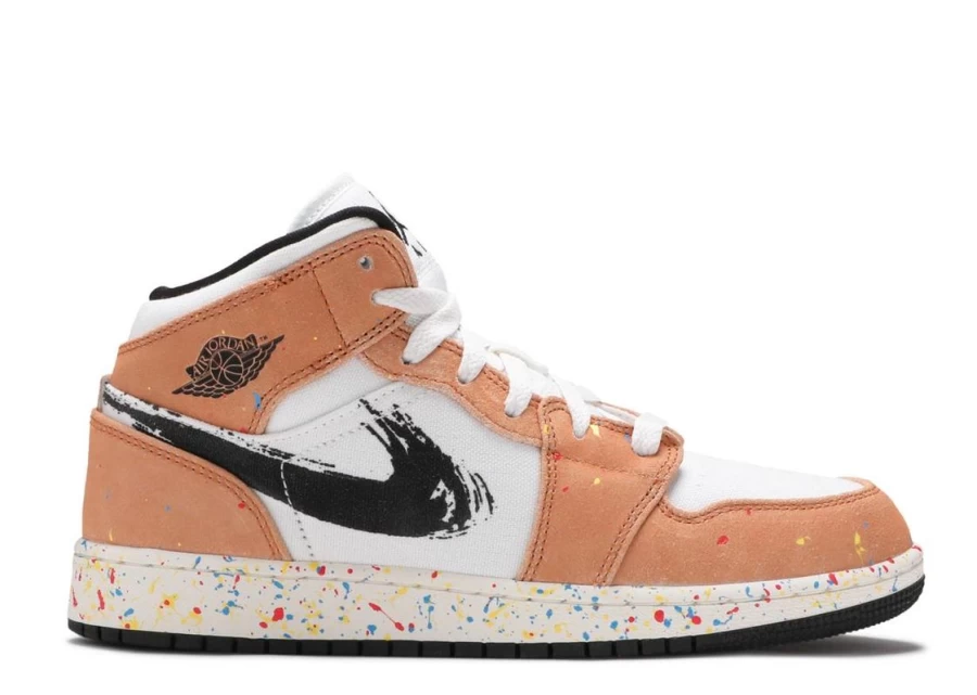 Air Jordan 1 Mid 'Brushstroke' Kids GS Sneakers - Official Release Style & Comfort